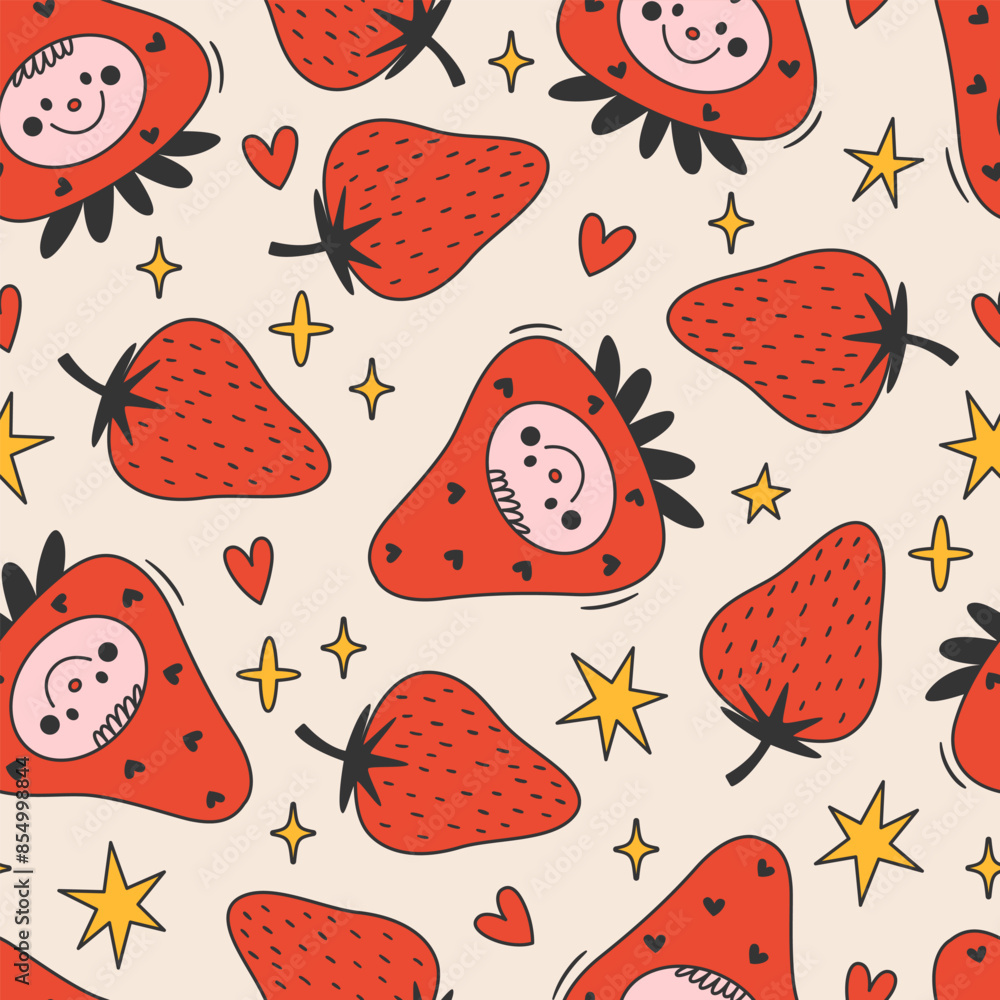 Poster seamless vector pattern with cute bizarre strawberry and character wearing hat. abstract doodle berr