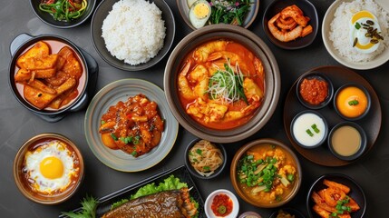 Variety of Korean dishes including chicken fish stew soup steamed eggs and assorted side dishes