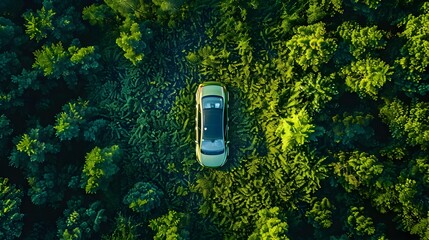 Eco-Friendly Electric Car Navigating Lush Green Forest Canopy