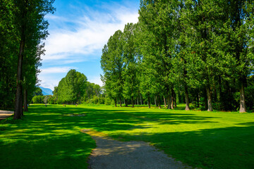 Golf Course with Mountain View and Clouds in a Sunny Summer Day in Granges, Valais, Switzerland.