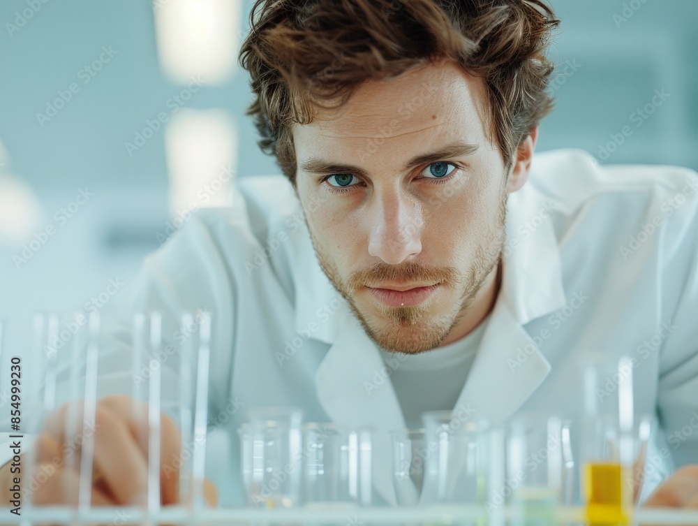 Poster precision in science - scientist pipetting liquid into test tubes in laboratory setting