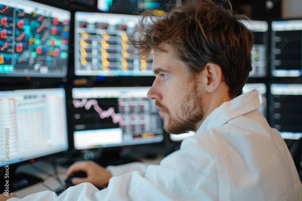 Aufkleber researcher analyzing experiment results on multiple monitors in data-driven r&d environment
