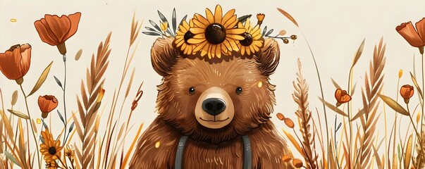 Boho Bear with Sunflower Crown Surrounded by Tall Grasses in Autumn Meadow
