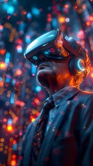 Naklejka premium Visually Stunning 3D Virtual Reality Business Executive Immersed in Futuristic Workspace