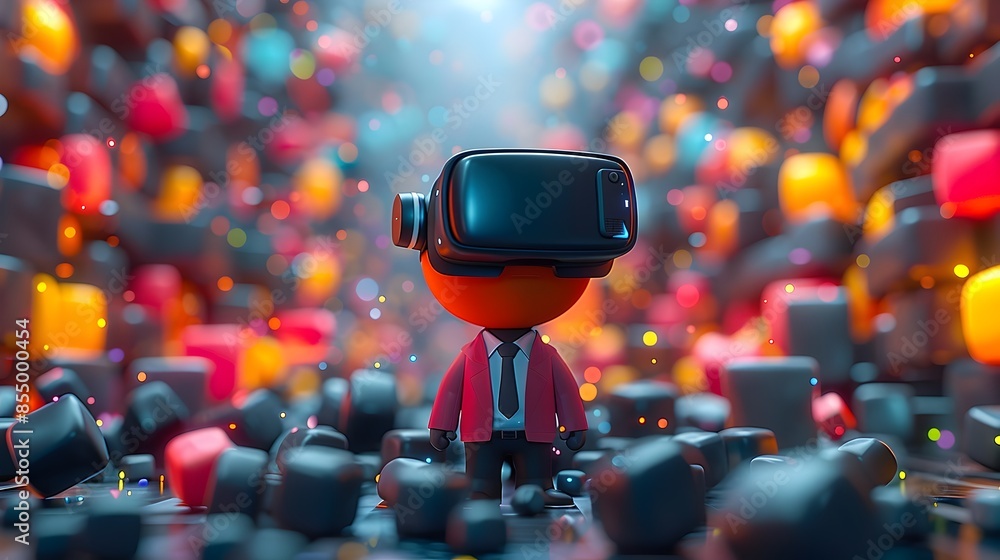 Poster captivating 3d character in vr headset exploring futuristic digital realm with fascination