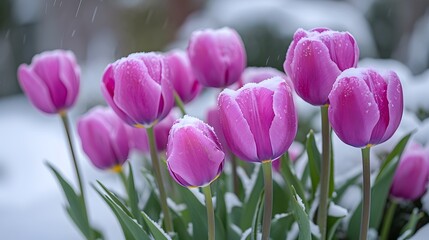 Fototapeta premium Purple Tulips Covered in Snow, Serene Winter Floral Scene