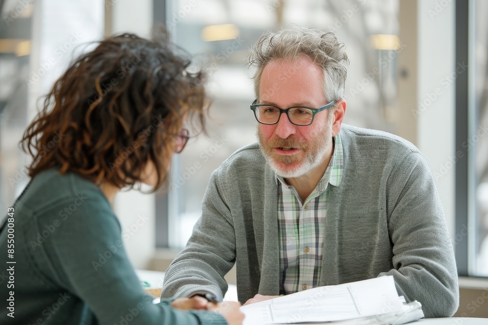 Poster mentorship in academia: professor supporting student with personalized guidance in a one-on-one sess