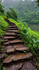 A stone staircase leads up a hillside with a lush green forest in the background
