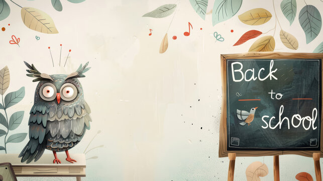 Tabby owl teacher standing in front of class next to blackboard with text Back to school. Education, learning, back to school concept. First day of school, new school year. - Powered by Adobe