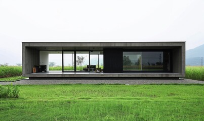 Modern Minimalist Luxurious Home on Outskirts Under Cloudy Sky
