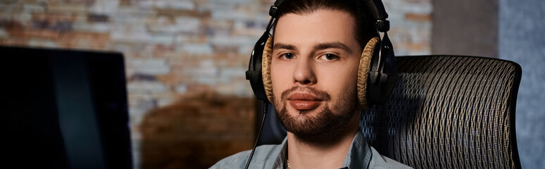 A man with headphones sits at a computer in a recording studio, fine-tuning music for a band rehearsal.