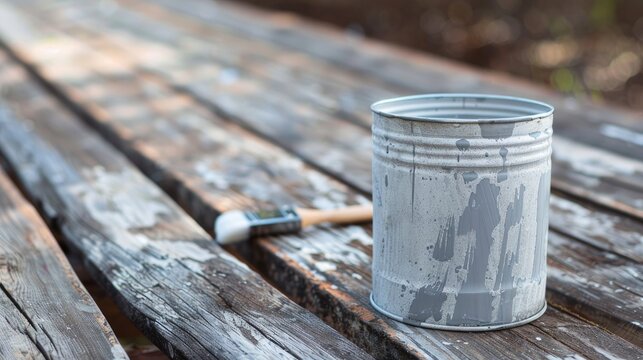 Grey paint can and brush on wooden planks outdoors ready for painting DIY concept