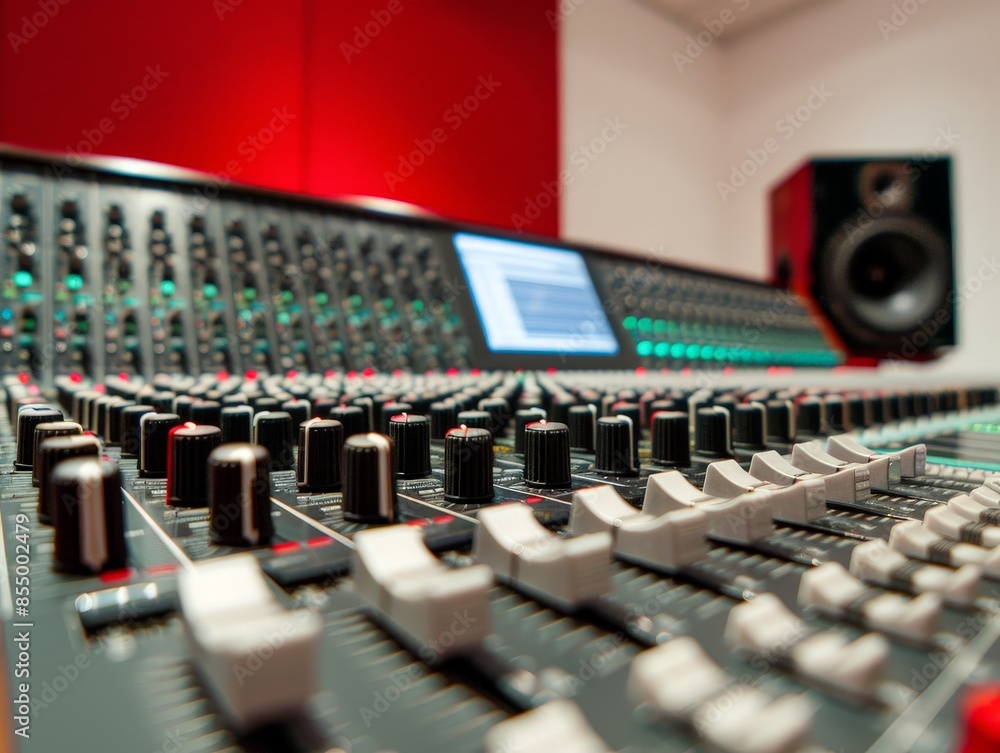 Poster modern music producer's workspace with audio interfaces and monitors for recording and mixing music