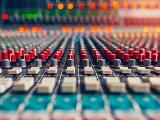 Fototapeta premium Modern Music Producer's Desk with Audio Interfaces, Mixers, and Monitors for Professional Music Production