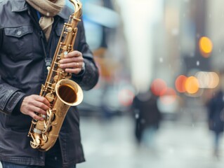 Fototapeta premium Jazzing Up the City: Passionate Musician Practicing Saxophone in Urban Setting