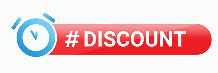 Red discount banner with the blue clock indicating limited time offer and discount at a shop. Red discount sticker design. Vector Illustration.