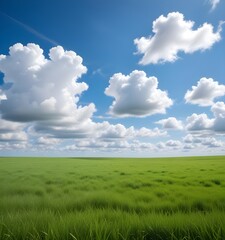 A lush green field of grass under a bright blue sky with fluffy white clouds