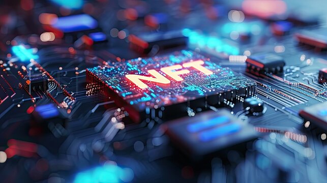 NFT nonfungible tokens concept, NFT word on abstract technological surface,