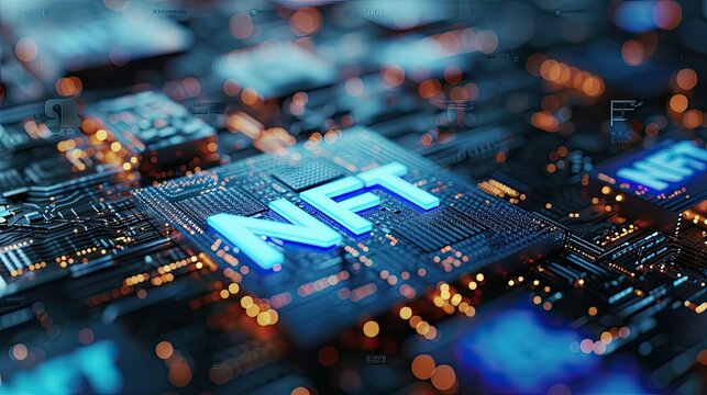 NFT nonfungible tokens concept, NFT word on abstract technological surface,