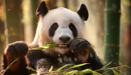 Obraz premium A playful panda eating bamboo in a bamboo forest.