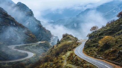 Road in mountains at sunny day in summer. Dolomites, Italy. Beautiful roadway, green tress, high rocks, blue sky with clouds. Landscape with empty highway through the mountain pass in spring. Travel