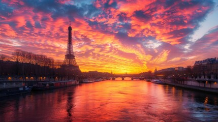 Fototapeta premium A vibrant sunset over the Seine River in Paris, with the Eiffel Tower silhouetted against the colorful sky and reflections dancing on the water