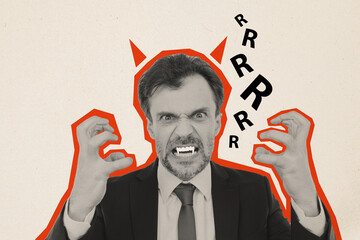 Sketch image composite trend artwork photo collage of angry man devil furious scream wear horns on head vampire teeth mental problem