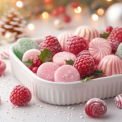 Festive dessert display featuring frosted berries and candies in a white dish, perfect for holiday celebrations and Christmas themes.