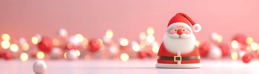 Festive Santa Claus figurine amidst soft glowing lights on a pink background. Perfect for Christmas celebrations and holiday decor themes.