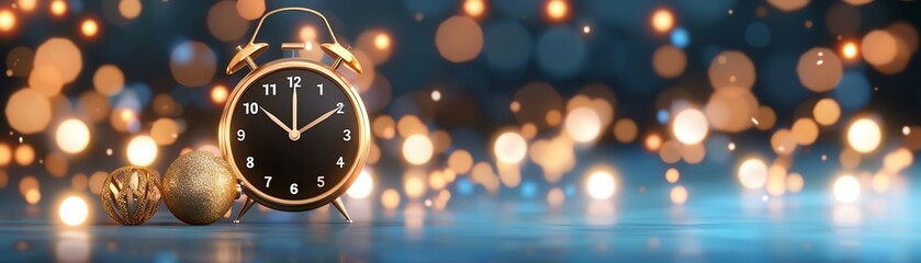 Fototapeta premium Festive vintage alarm clock with sparkling bokeh lights background. Holiday decor, time concept. Christmas or New Year's Eve celebration theme.