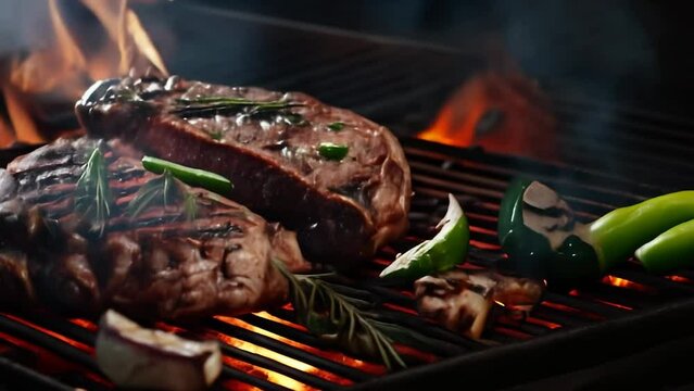 close-up of juicy steak on grill