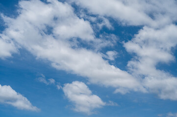 The sky was clear and blue with scattered clouds.