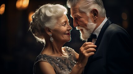 Elderly couple with gray hair gracefully dancing in vintage ballroom dance class