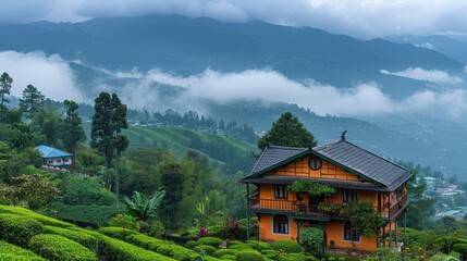 Obraz premium A wooden house nestled in a lush green valley, with misty mountains in the background.