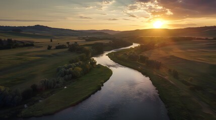 Aerial view of river valley in beautiful sunset light.