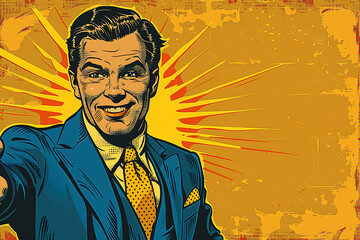 A man pointing with his index finger, smiling, in pop art style