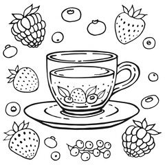 Set with glass cup tea, berries. Hand drawn vector illustration in outline style.
