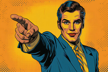 A man pointing with his index finger, smiling, in pop art style