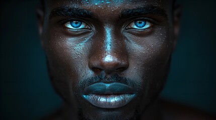 A close-up portrait of a man with blue eyes in a dark setting, with a subtle, mysterious feel