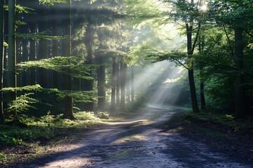 Obraz premium Serene forest path is beautifully lit by sunbeams piercing through the tall, dense trees, creating a mystical and tranquil atmosphere