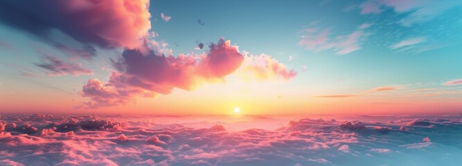 Naklejka premium Beautiful Sunset Above the Clouds With Pink Hues and Golden Rays