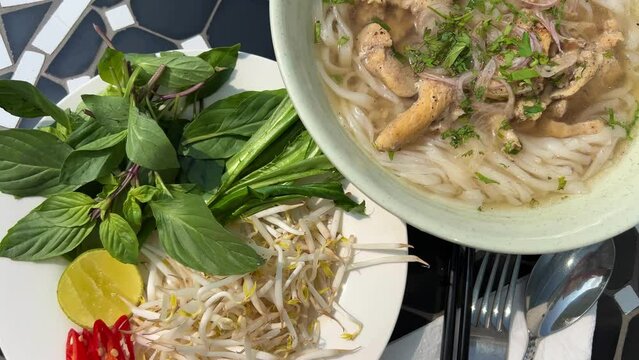 Pho soup Traditional Vietnamese pho soup with greens and chicken sprouted bean sprouts red hot pepper on the table Coconut coconut water breakfast in Vietnam