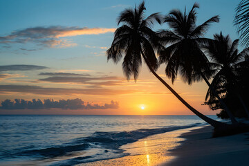 Tranquil tropical beach at sunset with palm trees silhouette against vibrant orange and golden hour sky, creating a serene and scenic paradise for relaxation and tranquility