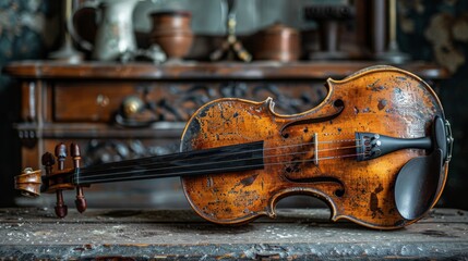 Old Musical Instruments: Capture a detailed close-up of a vintage musical instrument, such as a violin or saxophone, showcasing the craftsmanship and wear from years of use. 
