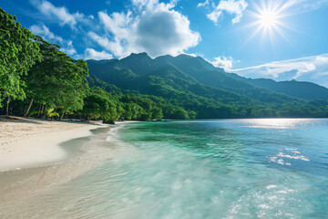 Tranquil and serene tropical beach paradise with white sand. Crystal clear water. Lush mountains. And palm trees surrounded by azure coastline and greenery