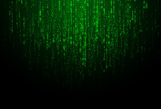 Vector green digital code rain in a Matrix inspired futuristic style. High-tech backdrop with glowing binary characters