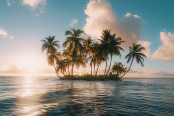 Golden sunrise illuminates a tranquil tropical island with swaying palm trees against a backdrop of calm sea and fluffy clouds