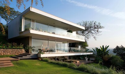 Fototapeta premium Modern Minimalist Luxurious Home on Outskirts Under Cloudy Sky