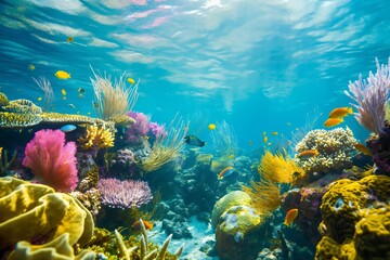 Naklejka premium Underwater photography capturing the stunning beauty of a vibrant coral reef ecosystem with various tropical fish swimming among the corals