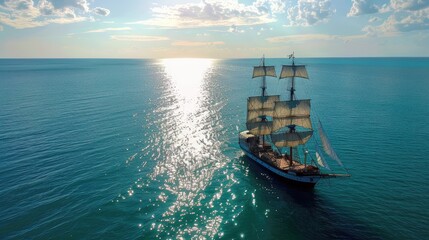 Obraz premium A sailing ship as it peacefully cuts through the foam of the sea, generative AI